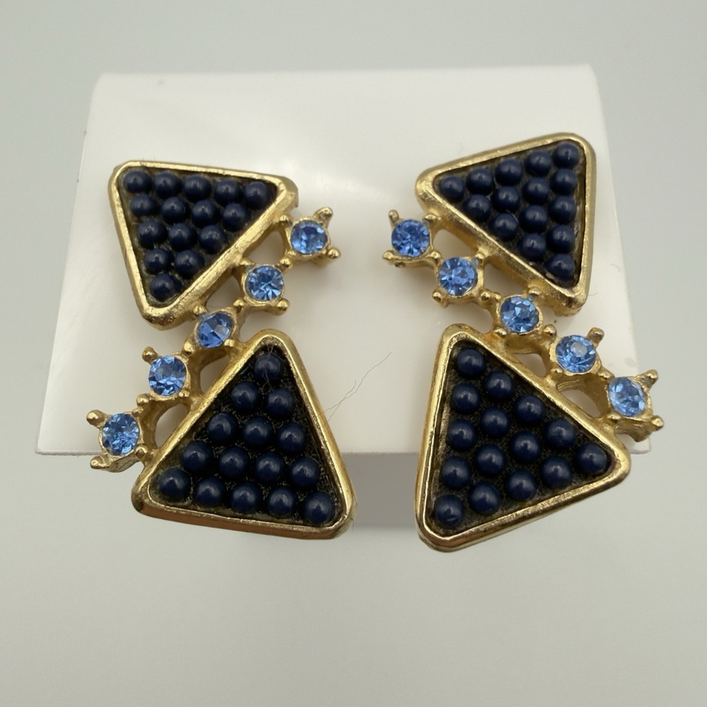 Geometric Clip On Earrings Gold Tone Navy Blue Beaded Light Blue Rhinestone 1.5" - Picture 6 of 9